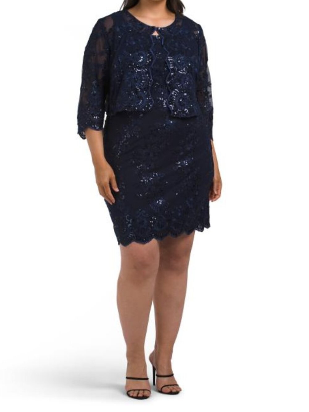 ALEX EVENINGS Navy Plus Stretch Embroidery Sheath Dress With Bolero Jacket